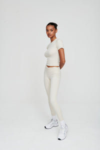 Dove White Ruched Waist Ribbed Leggings - WHITESMOKE