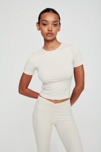 Dove White Ruched Waist Ribbed Leggings - WHITESMOKE