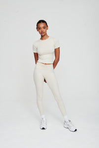 Dove White Ruched Waist Ribbed Leggings - WHITESMOKE