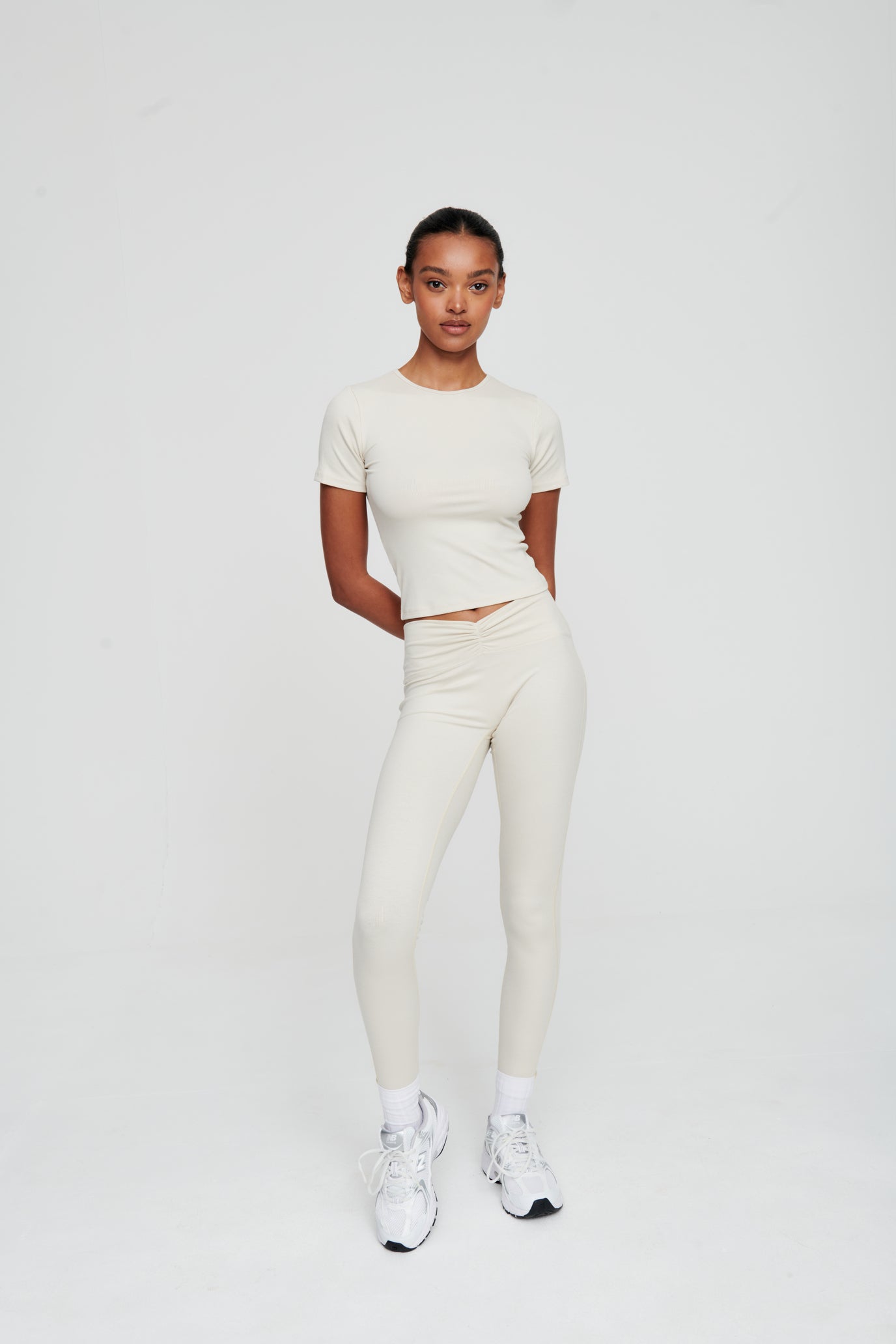 Dove White Ruched Waist Ribbed Leggings