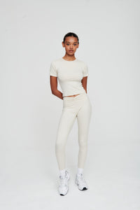 Dove White Ruched Waist Ribbed Leggings - WHITESMOKE