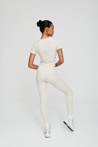 Dove White Ruched Waist Ribbed Leggings - WHITESMOKE