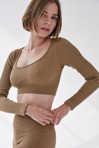 Rib Scoop Neck Long Sleeve Top - Almond - WHITESMOKE