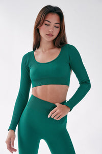 Rib Scoop Neck Long Sleeve Top - Eden Green - WHITESMOKE