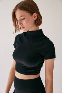 Rib Short Sleeve Crop Top - Black - WHITESMOKE