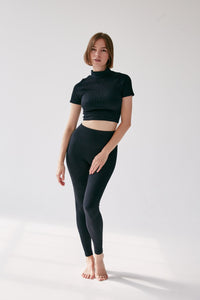 Rib Short Sleeve Crop Top - Black - WHITESMOKE