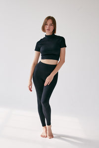 Rib Short Sleeve Crop Top - Black - WHITESMOKE