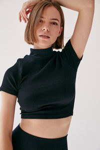 Rib Short Sleeve Crop Top - Black - WHITESMOKE