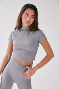 Rib Short Sleeve Crop Top - Elephant Grey - WHITESMOKE