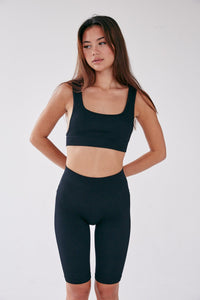 Rib Square Neck Crop Top - Black - WHITESMOKE