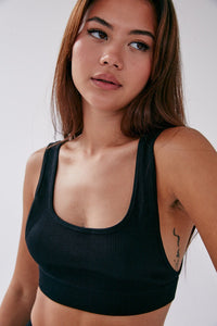 Rib Square Neck Crop Top - Black - WHITESMOKE