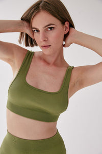 Rib Square Neck Crop Top - Olive - WHITESMOKE