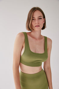 Rib Square Neck Crop Top - Olive - WHITESMOKE