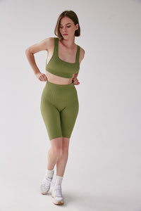 Rib Square Neck Crop Top - Olive - WHITESMOKE