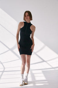 Rib Zipped Dress - Black - WHITESMOKE