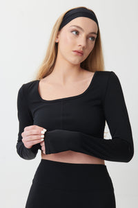 SCULPTFORM Long Sleeve Square Neck Cropped Top - Black - WHITESMOKE