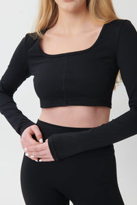 SCULPTFORM Long Sleeve Square Neck Cropped Top - Black - WHITESMOKE