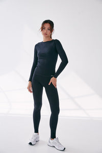 Seamless Rib Long Sleeve Top - Black - WHITESMOKE