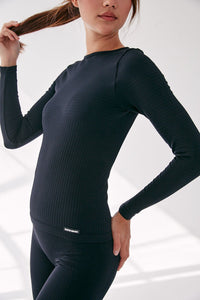 Seamless Rib Long Sleeve Top - Black - WHITESMOKE